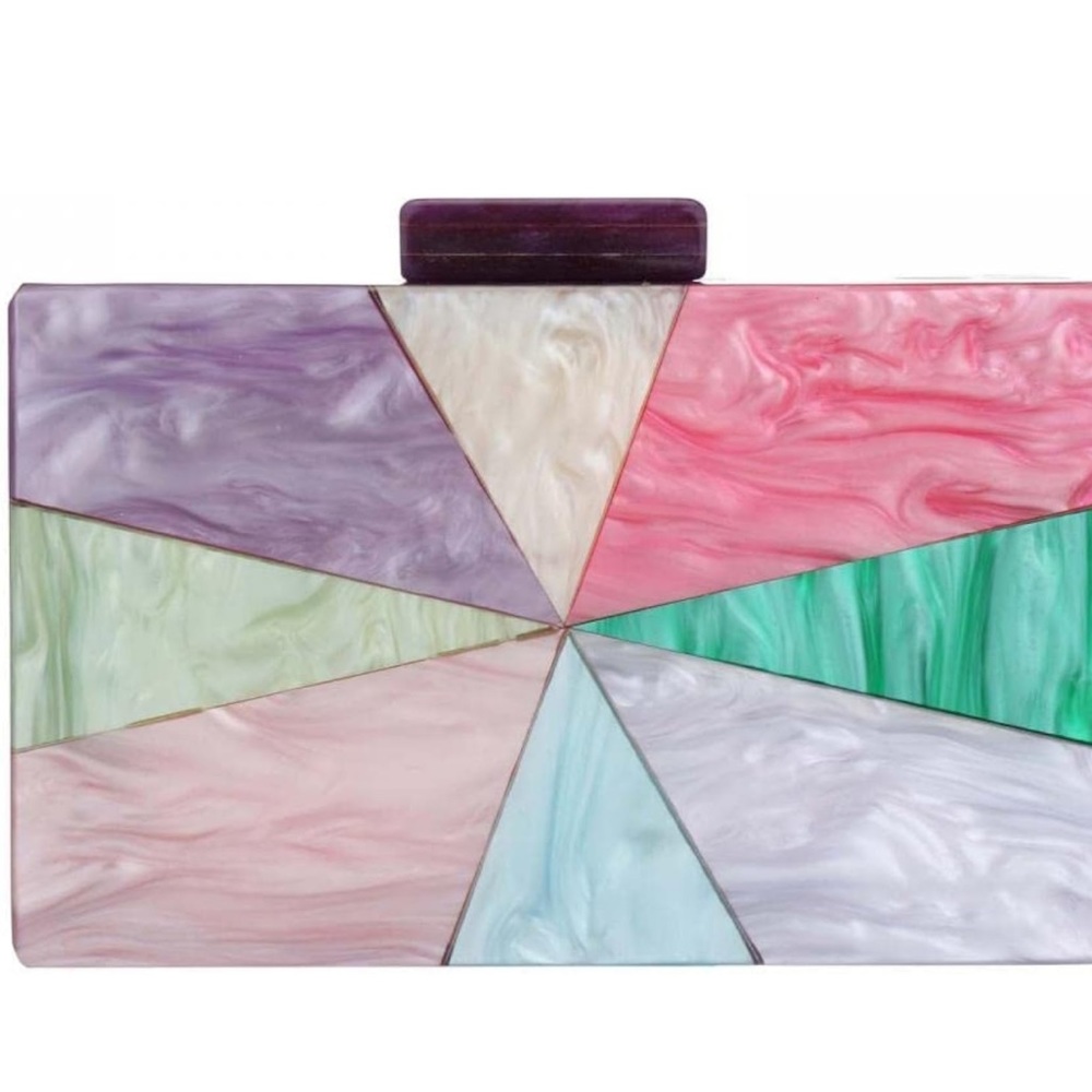 Glamorous Colorblock Multicolor Resin Reflective Turnlock Clutch Box Purse New - Picture 4 of 7